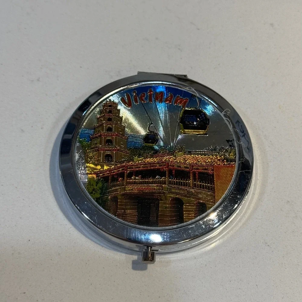 Vietnam Souvenir Compact Mirror Silver Tone‎ Folding Dual Mirror 3D Relief Art